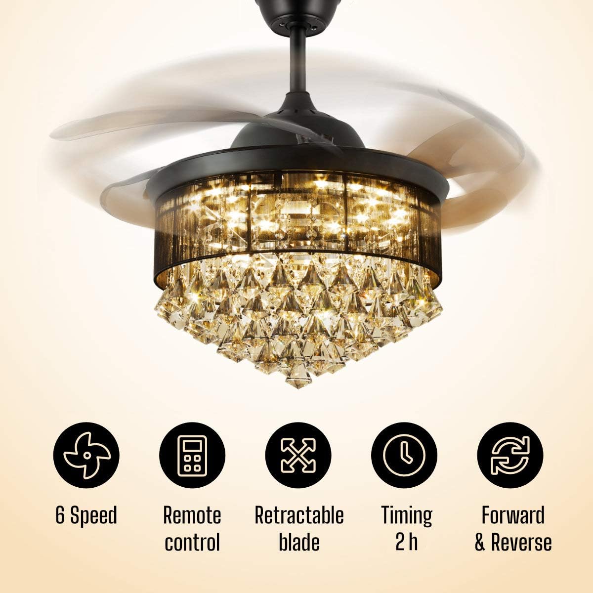 Crystal Ceiling Fan with Lights #1961 – 42” Retractable Blades, Remote, 6-Speed Dimmable Chandelier for Bedroom or Living Room