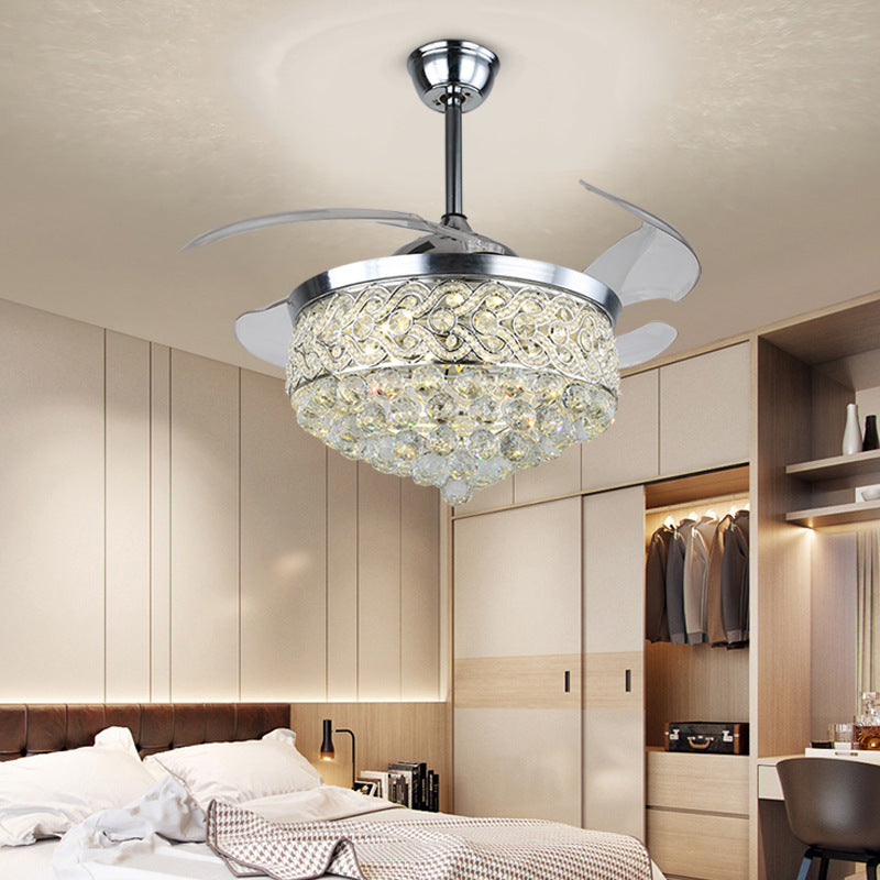 Modern Crystal Ceiling Fan with Light 42" – Invisible Blades, Silver Finish, Remote Control, 36W LED Lighting for Bedroom, Office, Dining Room