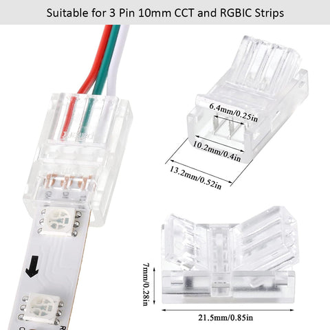 3-Pin LED Strip Connector – 10mm SMD CCT Solderless Clamp-On, IP20/IP65 Clear Housing, Easy Install LED Light Strip Clip