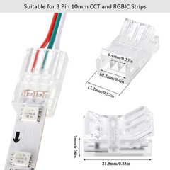 3-Pin LED Strip Connector – 10mm SMD CCT Solderless Clamp-On, IP20/IP65 Clear Housing, Easy Install LED Light Strip Clip