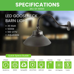 LED Gooseneck Barn Light - 35W - 5000K-Swivel Head - Black
