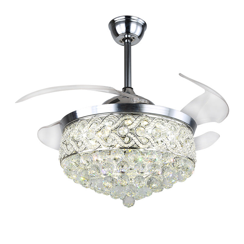 Modern Crystal Ceiling Fan with Light 42" – Invisible Blades, Silver Finish, Remote Control, 36W LED Lighting for Bedroom, Office, Dining Room