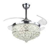 Modern Crystal Ceiling Fan with Light 42" – Invisible Blades, Silver Finish, Remote Control, 36W LED Lighting for Bedroom, Office, Dining Room