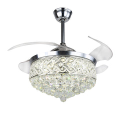 Modern Crystal Ceiling Fan with Light 42" – Invisible Blades, Silver Finish, Remote Control, 36W LED Lighting for Bedroom, Office, Dining Room