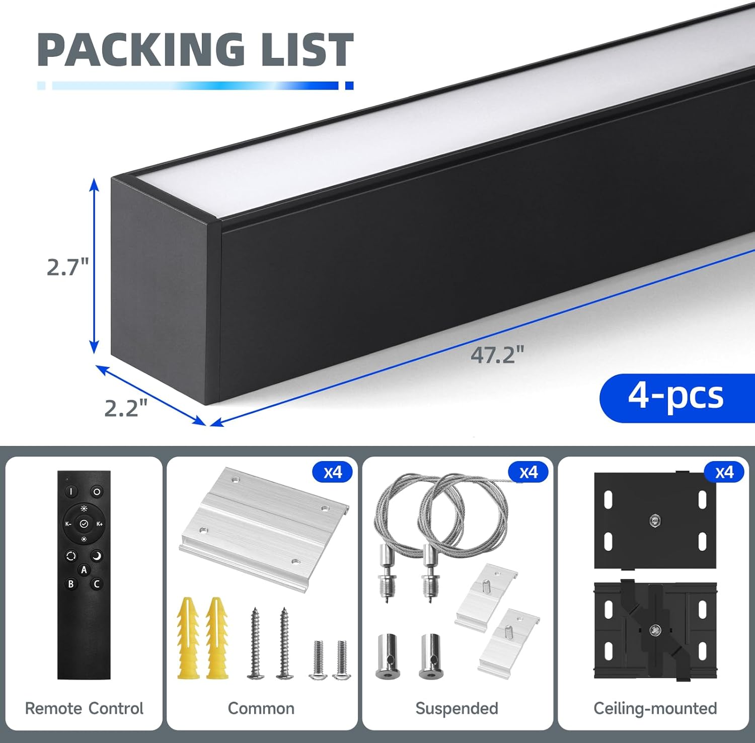 4FT Linear Light BAR with Remote,45W,3000K to 6000K,4 Packs,Black Led Plus