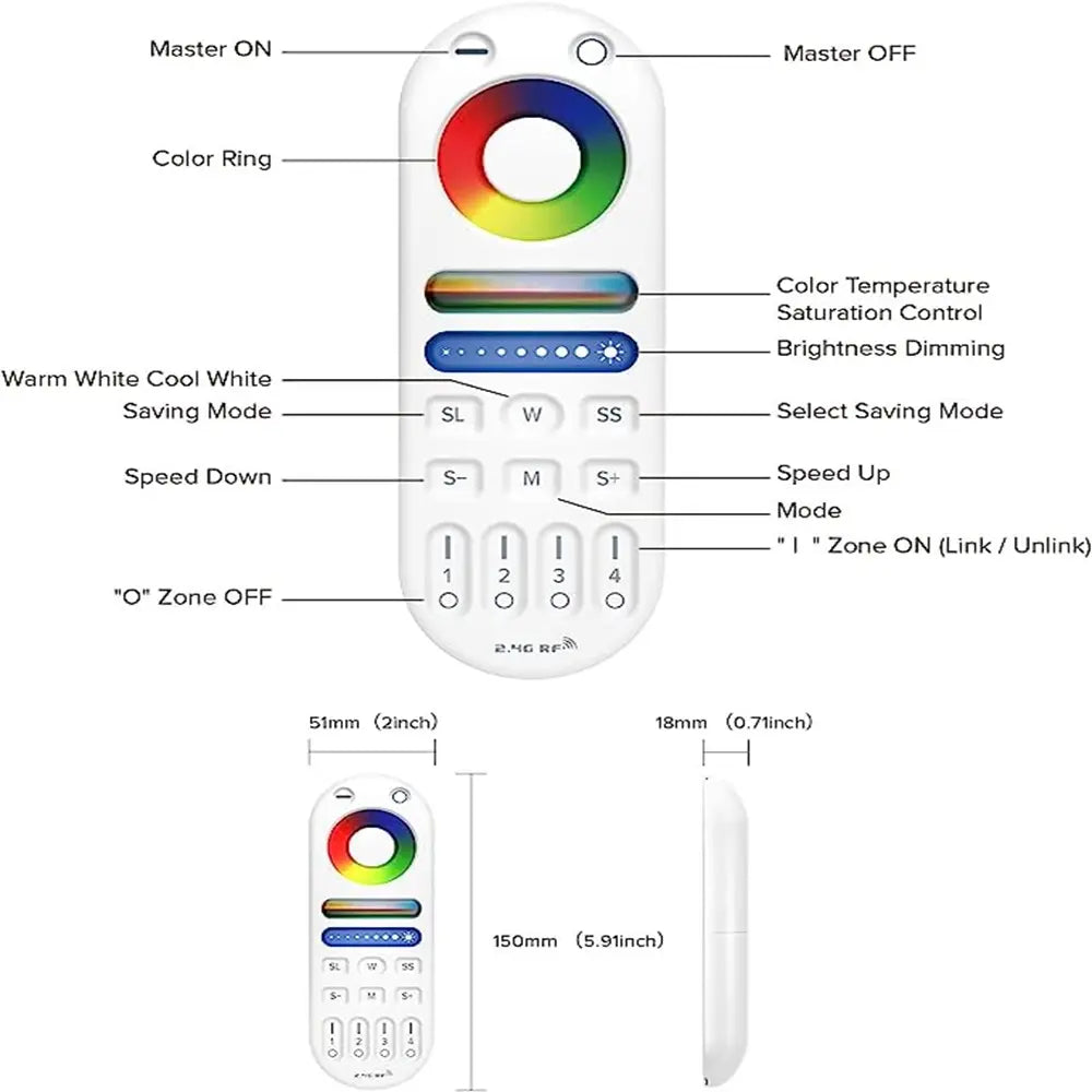 4-Zone RGB+CCT LED Remote Control – 2.4GHz Wireless for Color & Brightness Adjustment, 30m Range, LM091 Smart Lighting