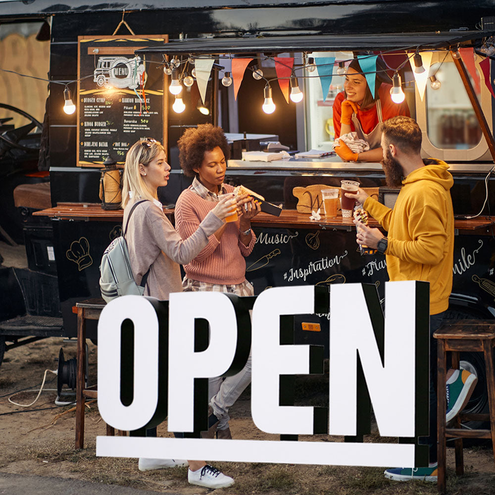 Bright White LED Open Sign with RGB Underline – 30x12? Frosted Lens, Full-Color Spectrum Display