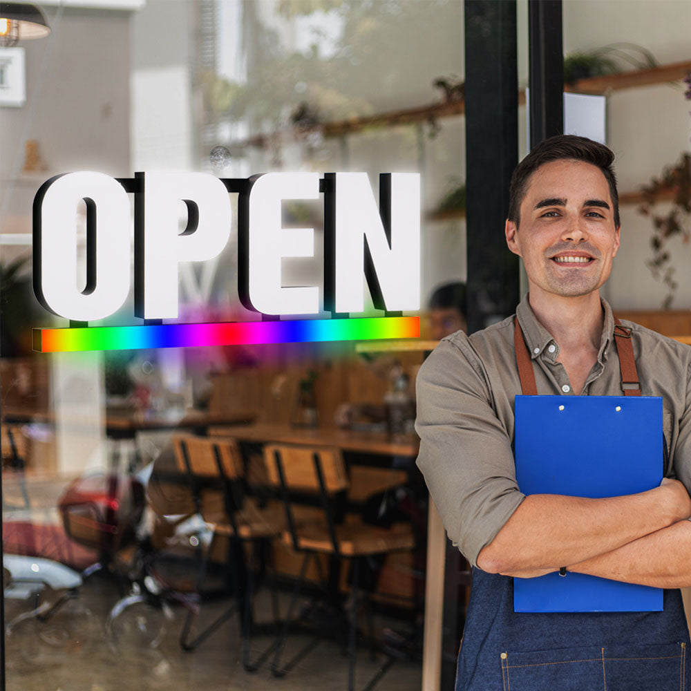 Bright White LED Open Sign with RGB Underline – 30x12? Frosted Lens, Full-Color Spectrum Display