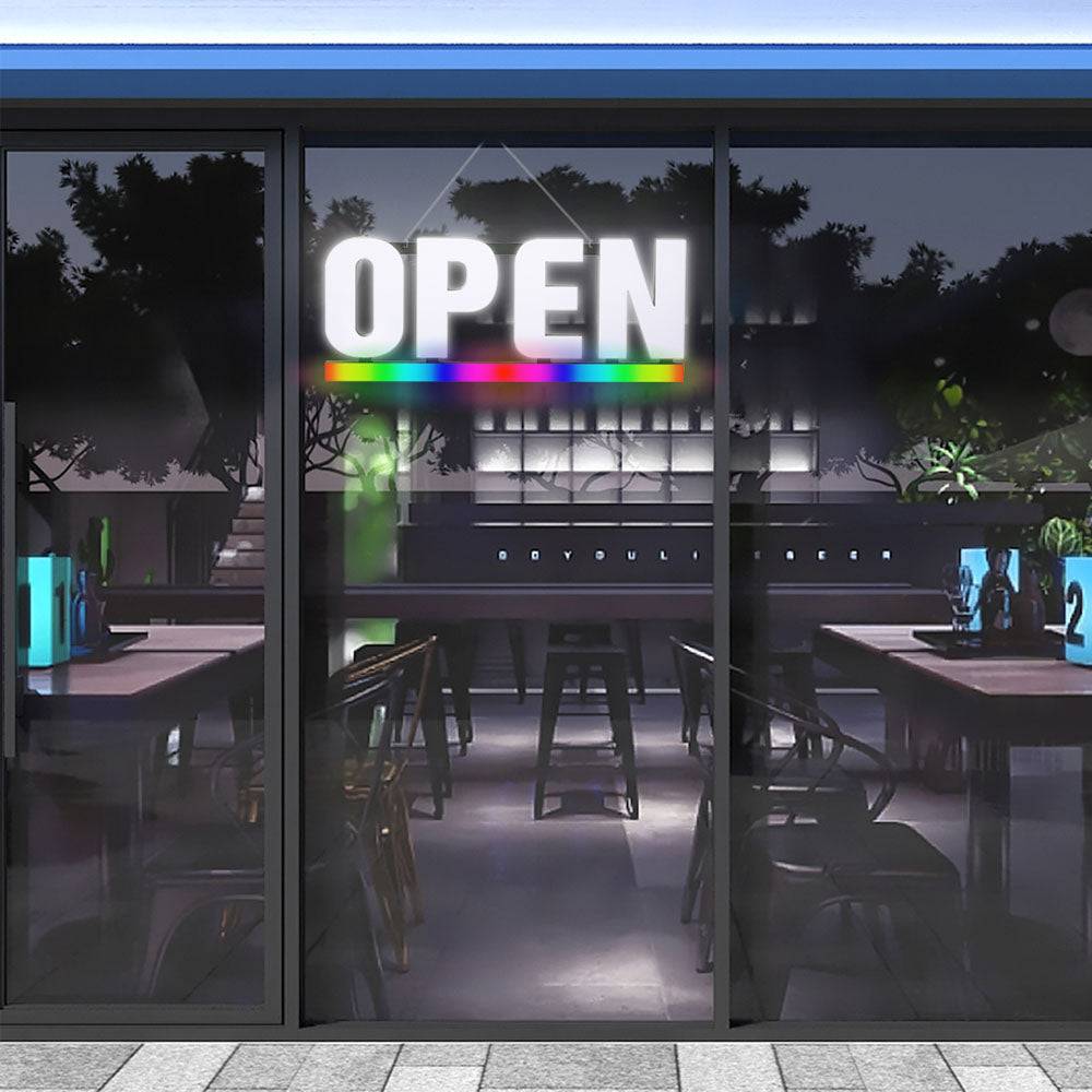 Bright White LED Open Sign with RGB Underline – 30x12? Frosted Lens, Full-Color Spectrum Display