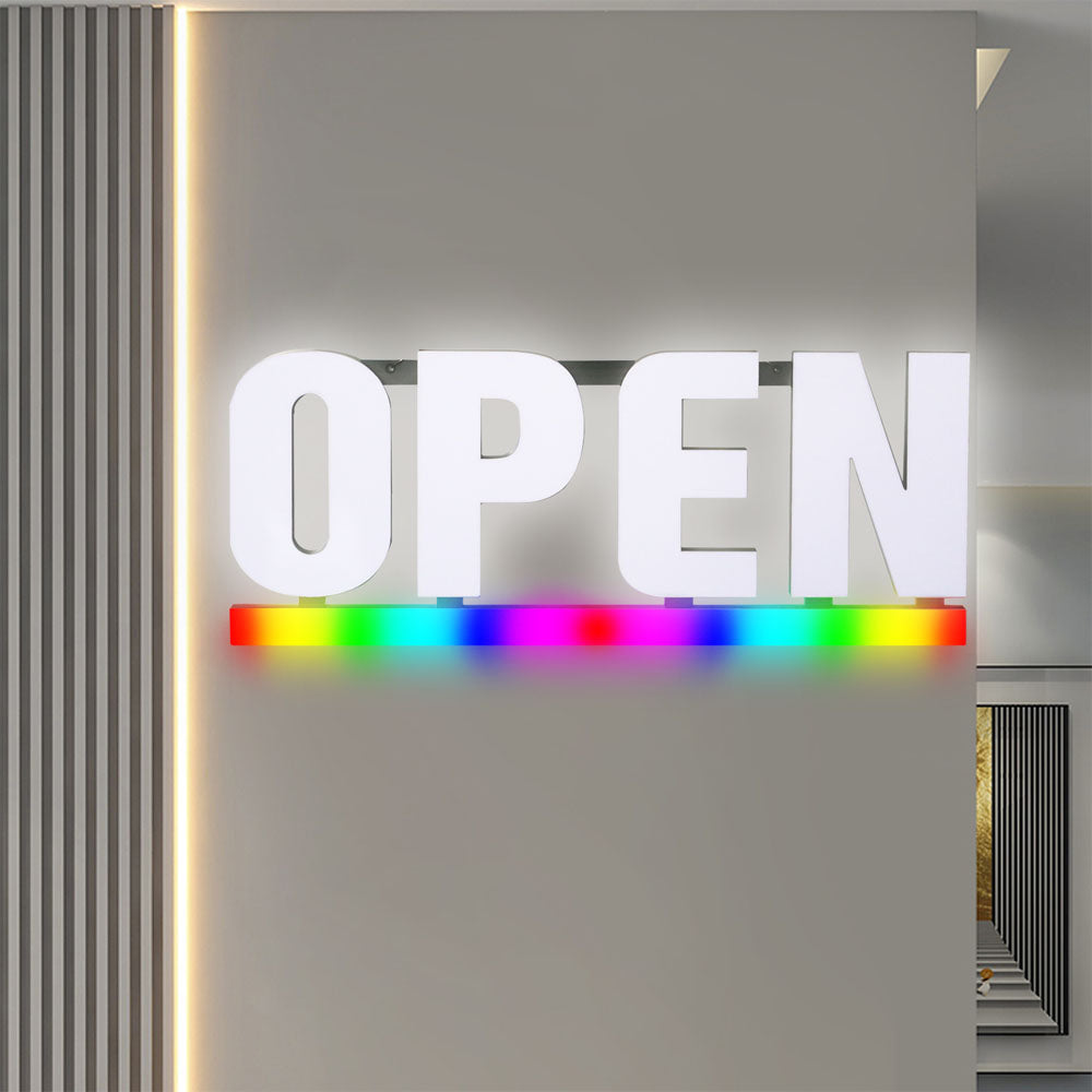 Bright White LED Open Sign with RGB Underline – 30x12? Frosted Lens, Full-Color Spectrum Display