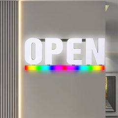 Bright White LED Open Sign with RGB Underline – 30x12? Frosted Lens, Full-Color Spectrum Display