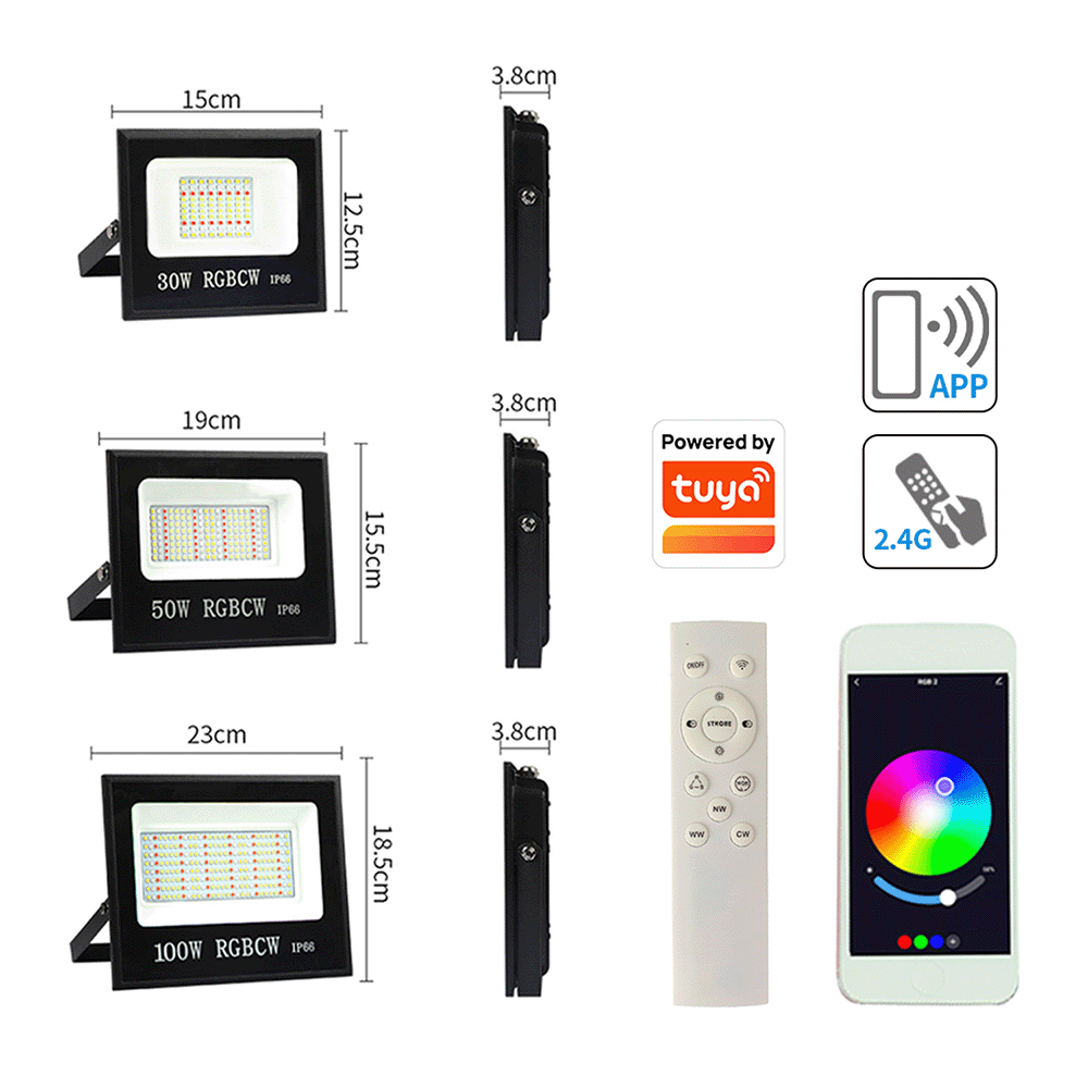 RGB+CCT LED Flood Light – 30W/50W/100W Outdoor IP66, Tuya App & RF Remote Control, Color Changing RGBCW Landscape Light