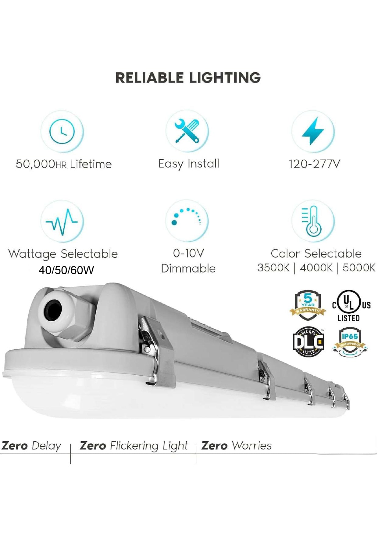 4FT LED Vapor Tight Light 40/50/60W - 3000K/4000K/5000K Selectable Wattage & CCT AC 120~277V (1Pack or 6Pack) Led Plus