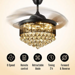 Crystal Ceiling Fan with Lights #1961 – 42” Retractable Blades, Remote, 6-Speed Dimmable Chandelier for Bedroom or Living Room