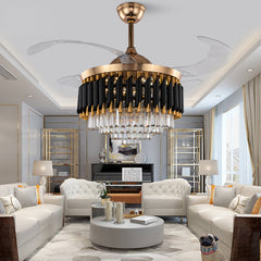 42" Crystal Ceiling Fan Light – Retractable Blades, LED Dual 36W, Remote Control, Quiet DC Motor 30W, AC 110V Modern Design