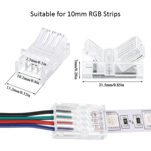 10mm RGB LED Strip Connector – Solderless Clamp-On, Clear Crystal Housing, IP20/IP65 Waterproof Design