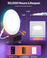 (6 pack) 6in 15W Recessed LED Lighting, RGB Slim Panel, Wafer Thin, RGB Trim, CCT