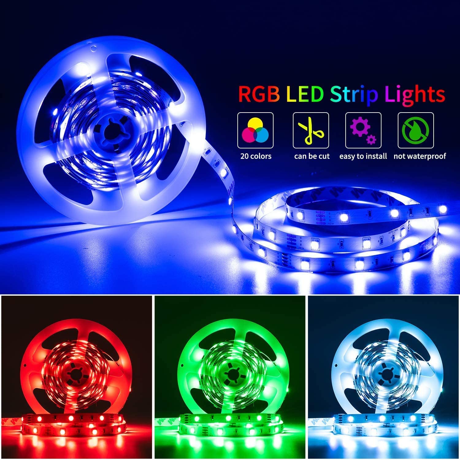 16FT RGB LED Strip Light Kit, 5050 SMD, 60 LEDs/M, Color Changing, Remote Control Included