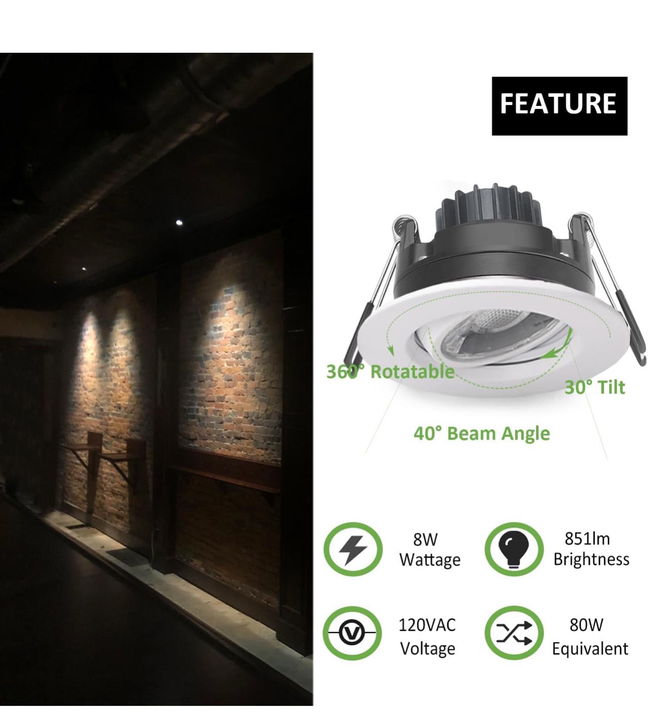 3in LED Gimbal Downlight Retrofit Trim, 8W, 5CCT Selectable, AC 120V,  6 Pack